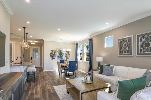 living area with dark wood finished floors, recessed lighting, crown molding, and baseboards