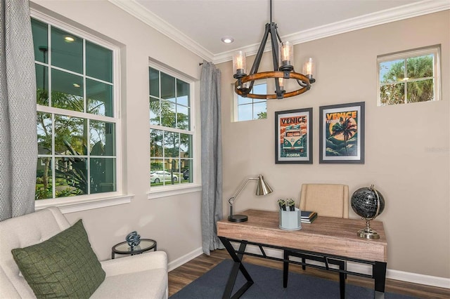 home office with baseboards, a notable chandelier, dark wood-style floors, and crown molding