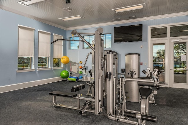 workout area featuring crown molding, baseboards, and a wealth of natural light