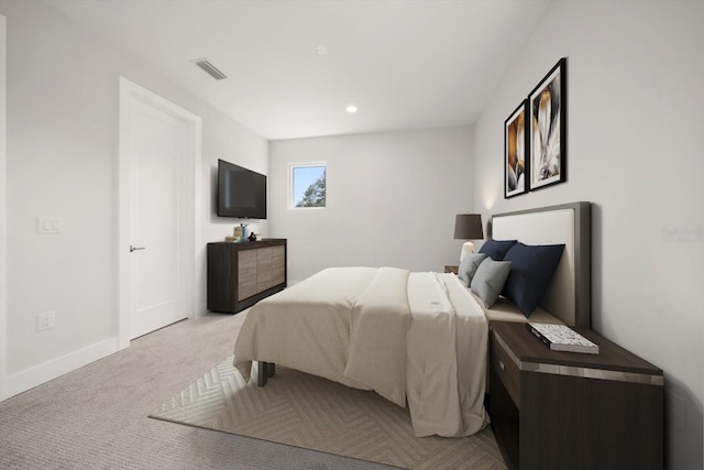 carpeted bedroom featuring visible vents, recessed lighting, and baseboards