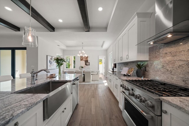 kitchen featuring a tray ceiling, tasteful backsplash, wood finished floors, appliances with stainless steel finishes, and wall chimney range hood