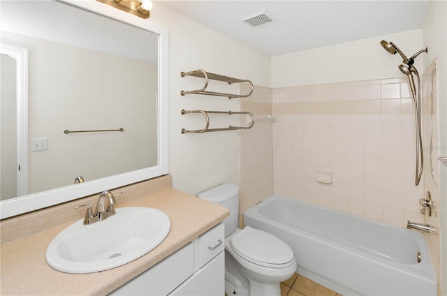 full bathroom with tile patterned floors, bathtub / shower combination, toilet, vanity, and visible vents