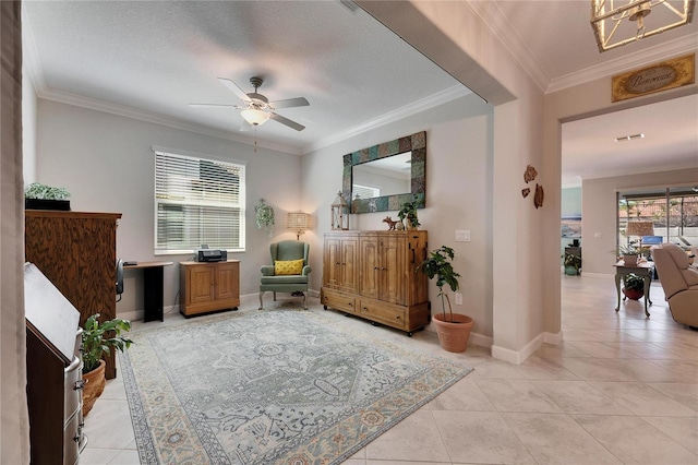 living area featuring ceiling fan, baseboards, light tile patterned flooring, and crown molding