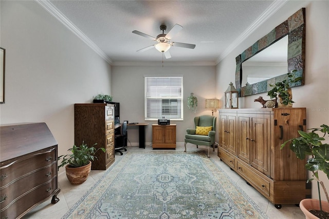 office area with crown molding, baseboards, light tile patterned floors, a textured ceiling, and a ceiling fan