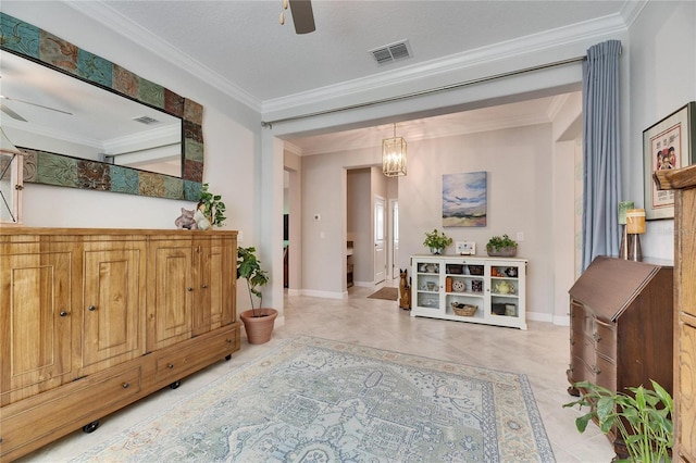 hallway featuring baseboards, visible vents, and ornamental molding