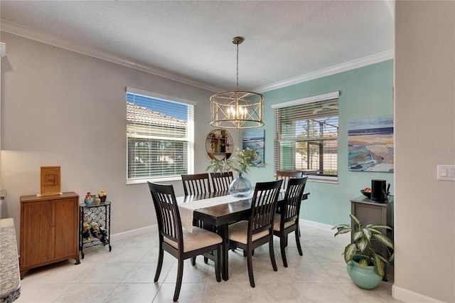 dining space featuring a notable chandelier, baseboards, light tile patterned floors, and ornamental molding