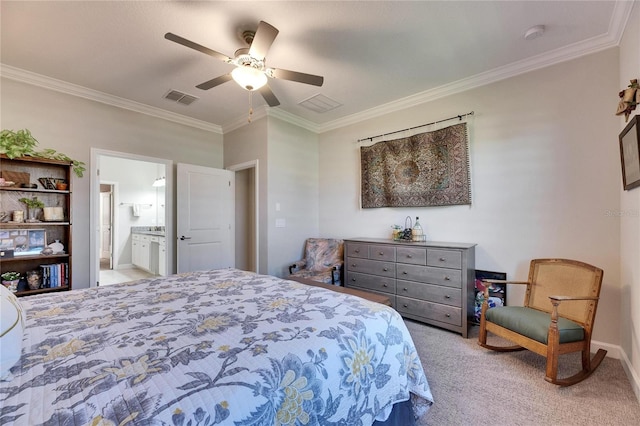 bedroom with visible vents, light colored carpet, a ceiling fan, and ornamental molding