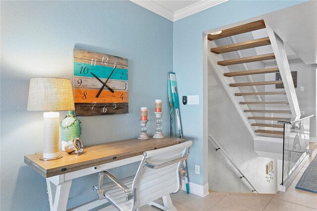 tiled home office featuring baseboards and ornamental molding