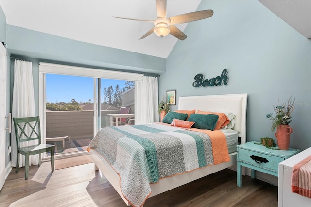 bedroom with ceiling fan, high vaulted ceiling, wood finished floors, and access to outside