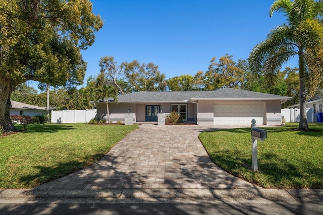 ranch-style home with stucco siding, an attached garage, a front lawn, and fence