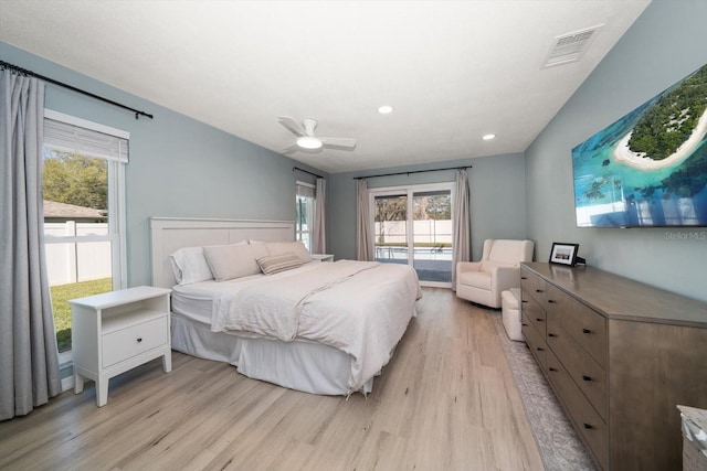 bedroom featuring visible vents, a ceiling fan, access to outside, recessed lighting, and light wood finished floors