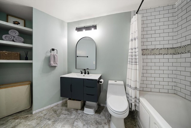 bathroom with vanity, shower / bath combination with curtain, toilet, and baseboards