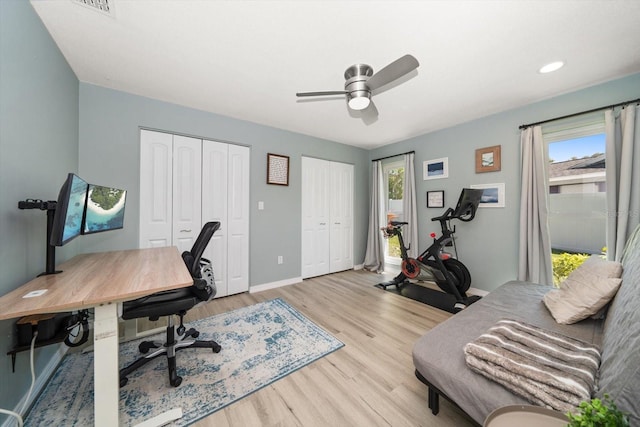 office with recessed lighting, baseboards, ceiling fan, and wood finished floors