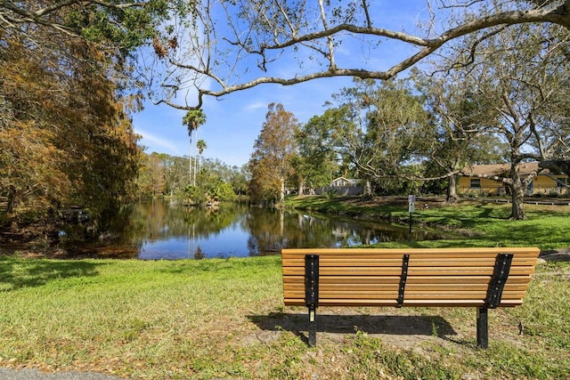 view of community featuring a yard and a water view