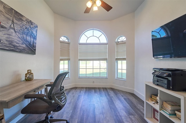 office area featuring baseboards, ceiling fan, and wood finished floors