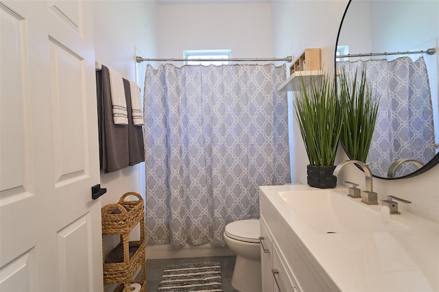 full bathroom with toilet, vanity, and a shower with curtain