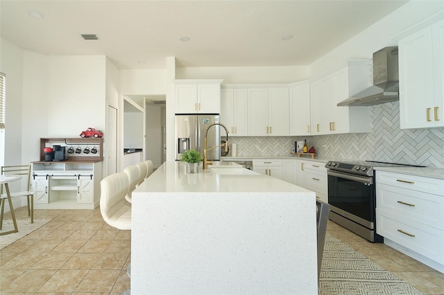 kitchen featuring visible vents, backsplash, wall chimney range hood, stainless steel appliances, and a sink