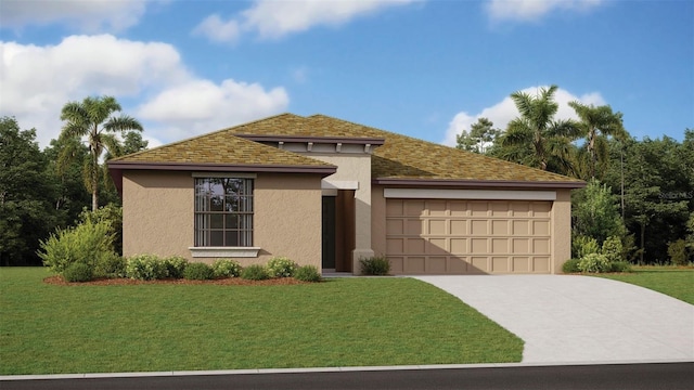 view of front facade with stucco siding, an attached garage, driveway, and a front yard