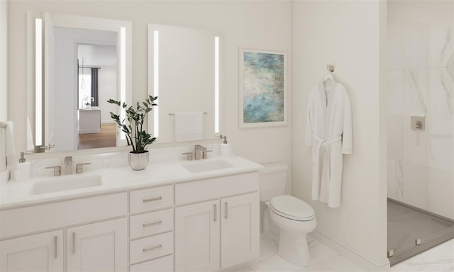 bathroom featuring marble finish floor, a walk in shower, toilet, and a sink