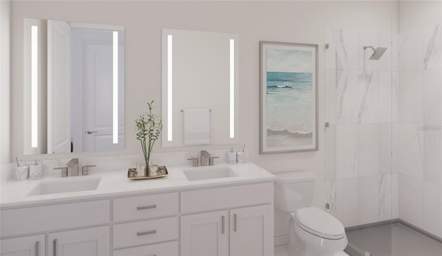 full bath featuring a sink, a marble finish shower, toilet, and double vanity