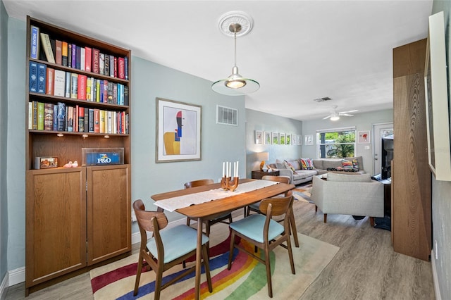 dining room with visible vents, light wood-type flooring, and ceiling fan