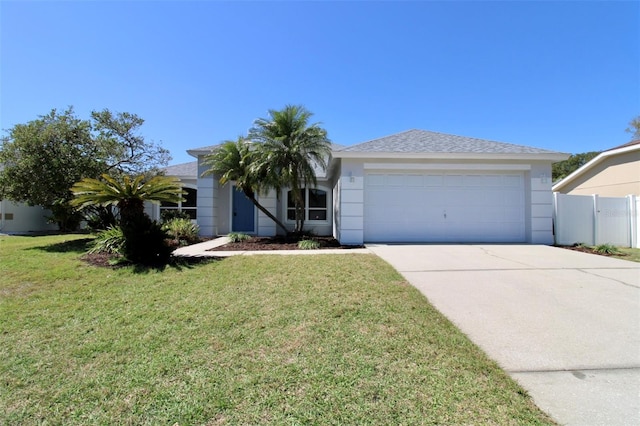 view of front facade with an attached garage, concrete driveway, a front lawn, and fence