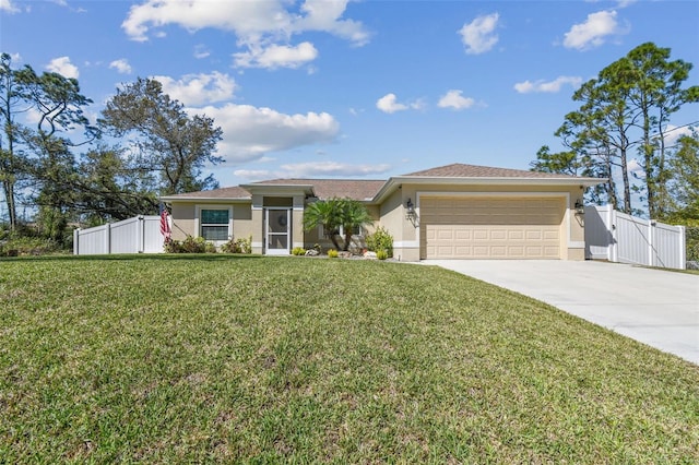 view of front facade featuring concrete driveway, a gate, an attached garage, and stucco siding