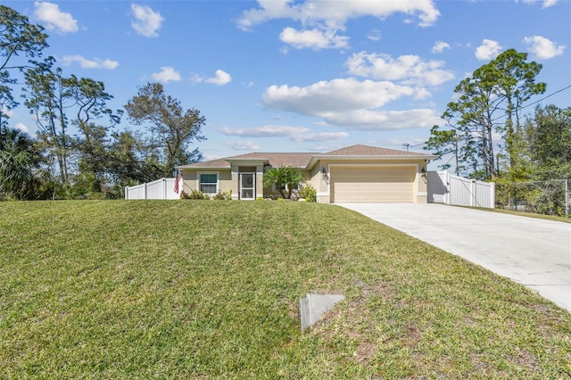 view of front of house featuring fence, concrete driveway, stucco siding, a garage, and a gate