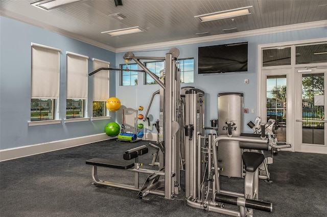 20405 Symphony Pl, Venice, FL 34293 - gym with baseboards, crown molding, and a healthy amount of sunlight