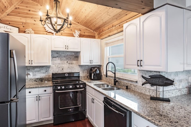 kitchen with white cabinetry, black appliances, wood ceiling, and a sink