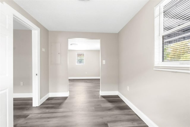 interior space featuring electric panel, wood finished floors, and baseboards