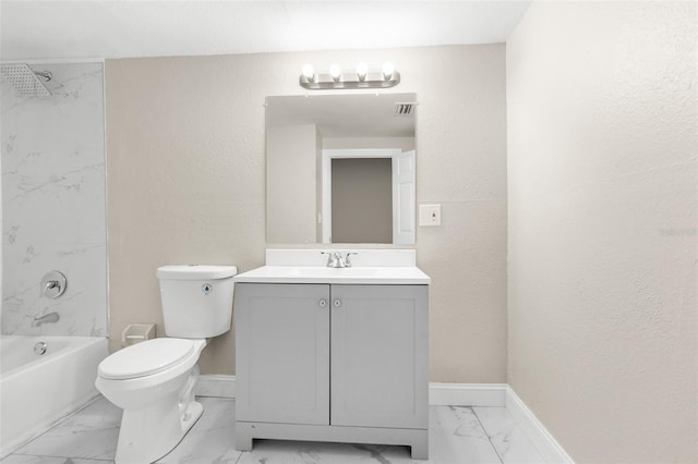 full bath featuring marble finish floor, vanity, and baseboards