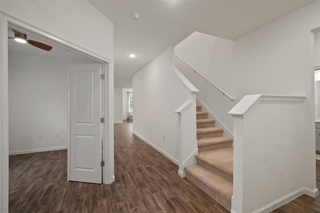 stairs featuring recessed lighting, ceiling fan, baseboards, and wood finished floors