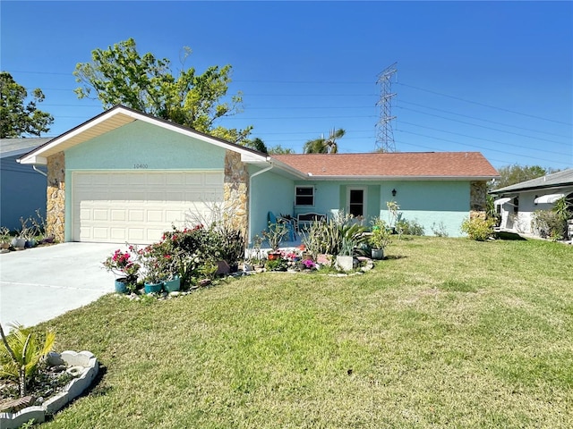 single story home featuring a front lawn, stucco siding, driveway, stone siding, and an attached garage