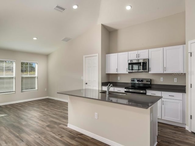 kitchen featuring visible vents, a sink, stainless steel appliances, white cabinets, and dark countertops