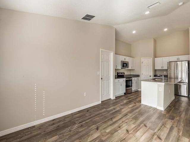 kitchen featuring visible vents, appliances with stainless steel finishes, white cabinets, and dark wood finished floors