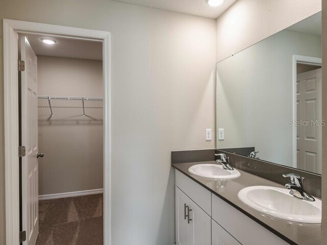 full bathroom featuring a sink, a walk in closet, baseboards, and double vanity