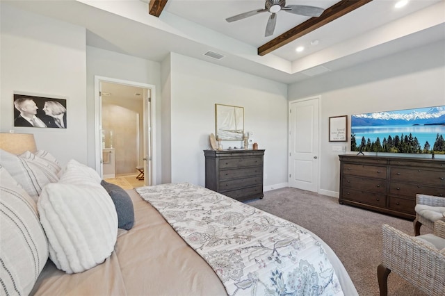 carpeted bedroom featuring baseboards, visible vents, ensuite bath, recessed lighting, and beamed ceiling