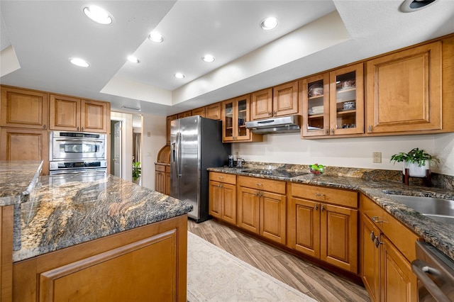 kitchen featuring brown cabinetry, stainless steel appliances, under cabinet range hood, a raised ceiling, and light wood-type flooring