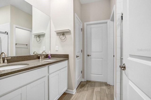 full bath featuring a sink, walk in shower, wood finished floors, and double vanity