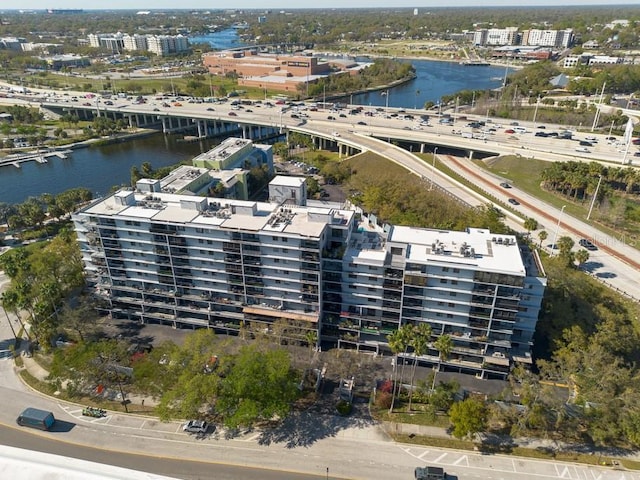 drone / aerial view featuring a water view