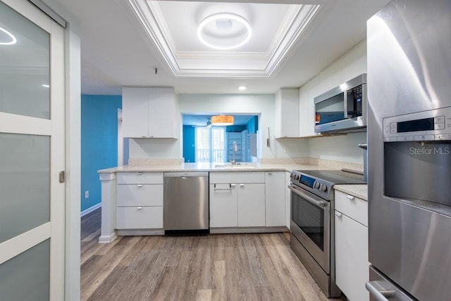 kitchen with a sink, white cabinets, crown molding, appliances with stainless steel finishes, and a raised ceiling