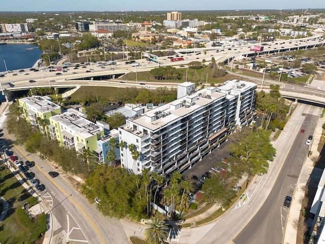 bird's eye view featuring a city view and a water view