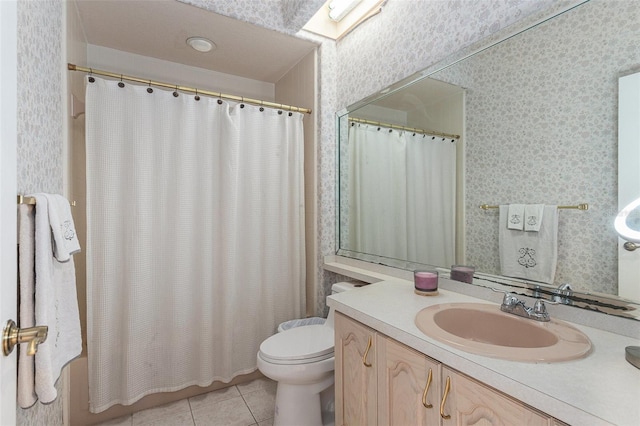 full bathroom featuring vanity, wallpapered walls, tile patterned flooring, curtained shower, and toilet