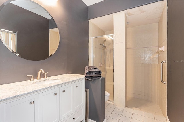 full bathroom featuring tile patterned flooring, a stall shower, toilet, and vanity