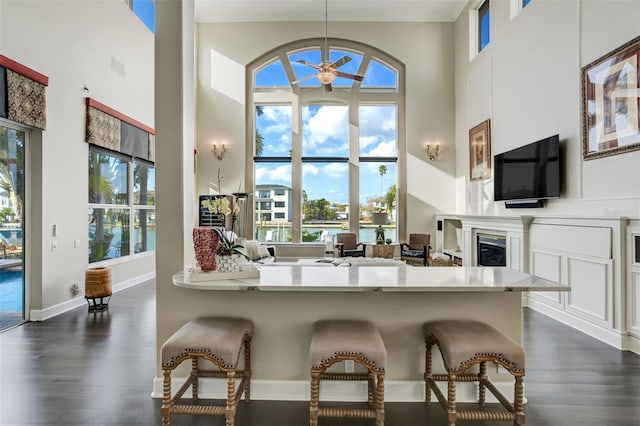 kitchen featuring a wealth of natural light, a kitchen bar, a glass covered fireplace, and dark wood-style flooring