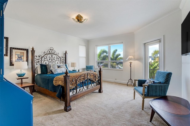 bedroom featuring multiple windows, light carpet, and ornamental molding