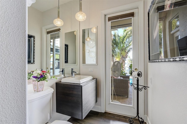 bathroom featuring toilet, wood finished floors, and vanity