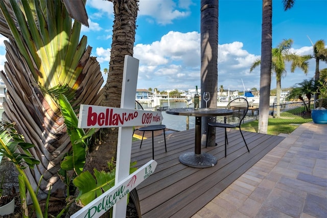 deck with fence and a water view