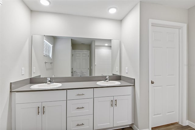 bathroom with double vanity, wood finished floors, baseboards, and a sink